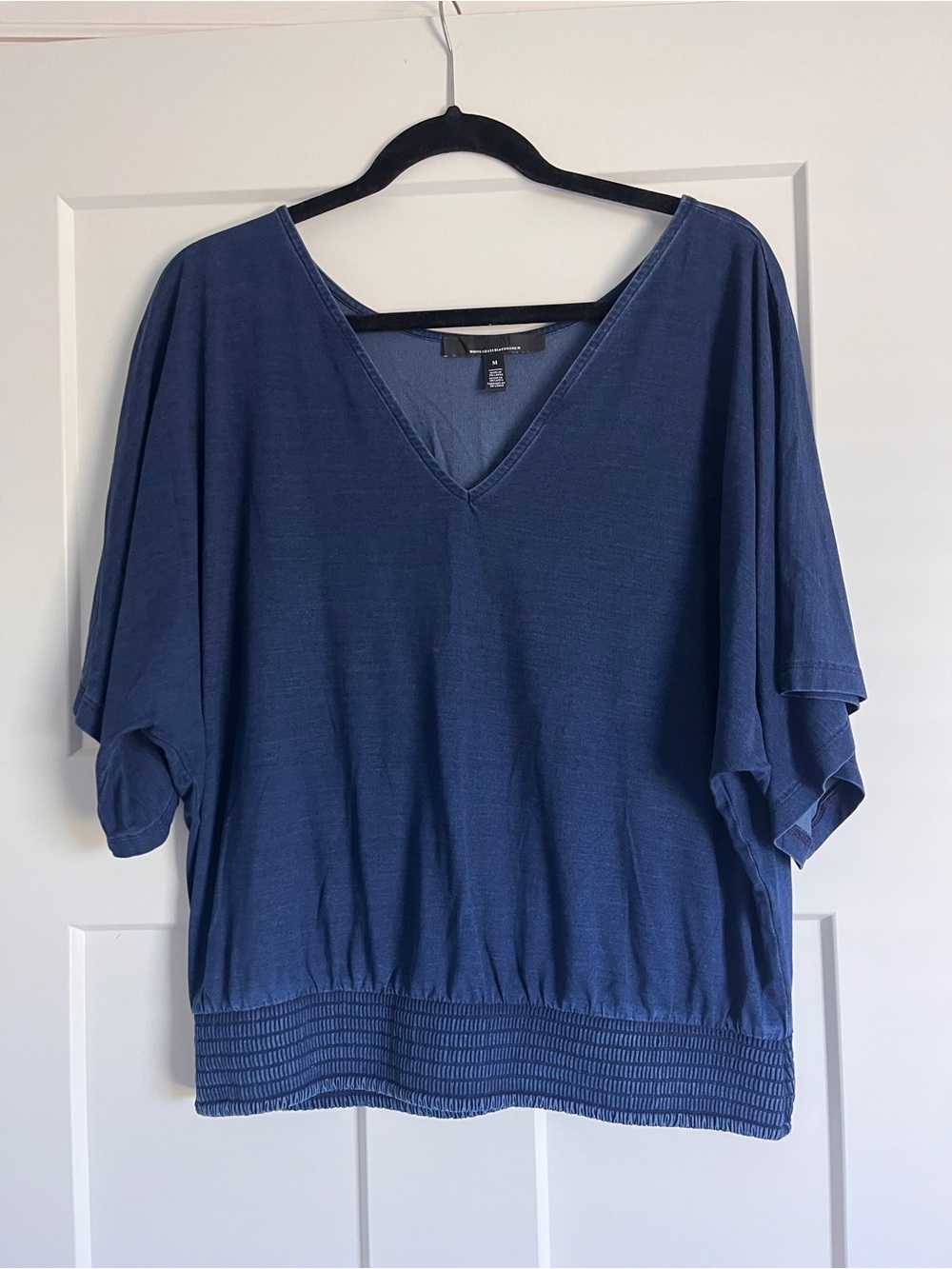 White House Black Market Navy V-Neck Smocked Waist Top